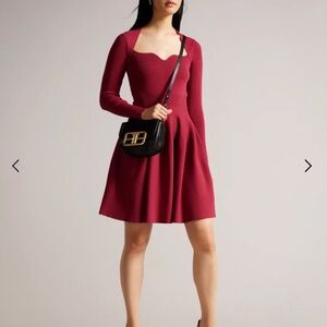 NWT Ted Baker Viennia Long Sleeve Knitted Sweetheart Skater Dress Deep Pink